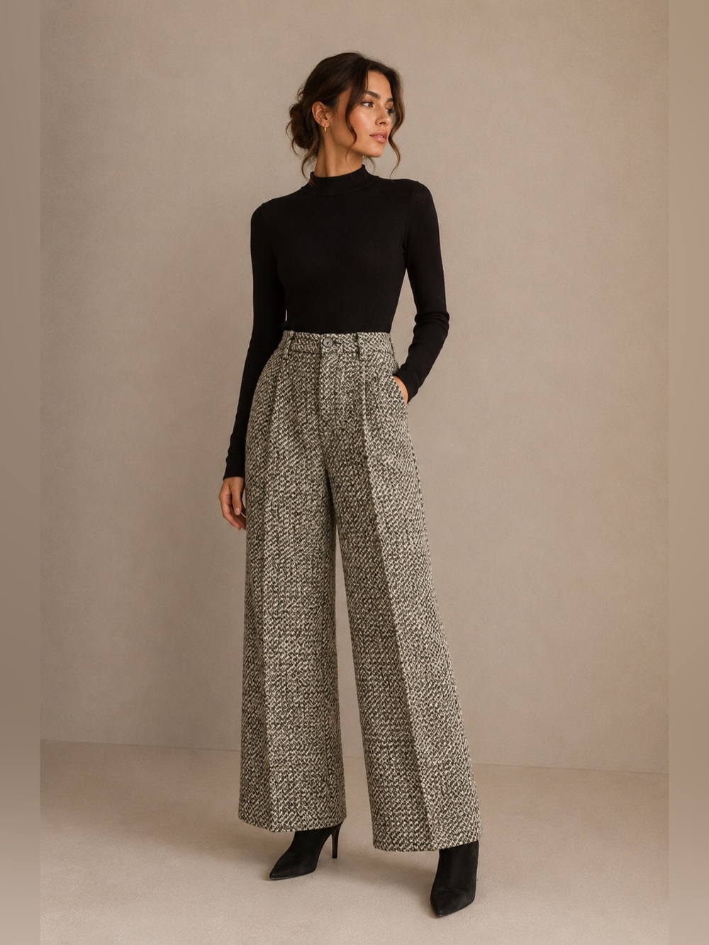 Commense Black & White Wide-Leg Tweed Pants